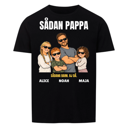 Sådan pappa sådana barn t-shirt med ditt foto som tecknad familj och barnens namn. Rolig present till pappa