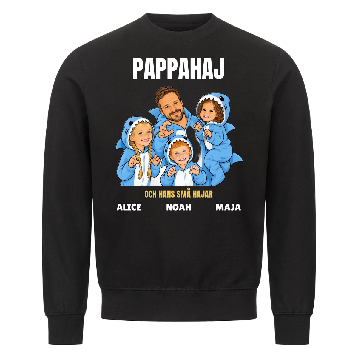 Pappahaj t-shirt med ditt foto som tecknad hajfamilj och barnens namn. Personlig present till pappa