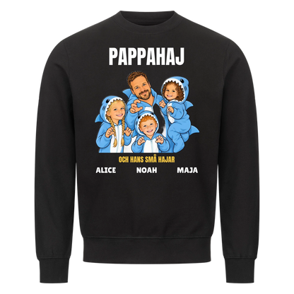 Pappahaj t-shirt med ditt foto som tecknad hajfamilj och barnens namn. Personlig present till pappa