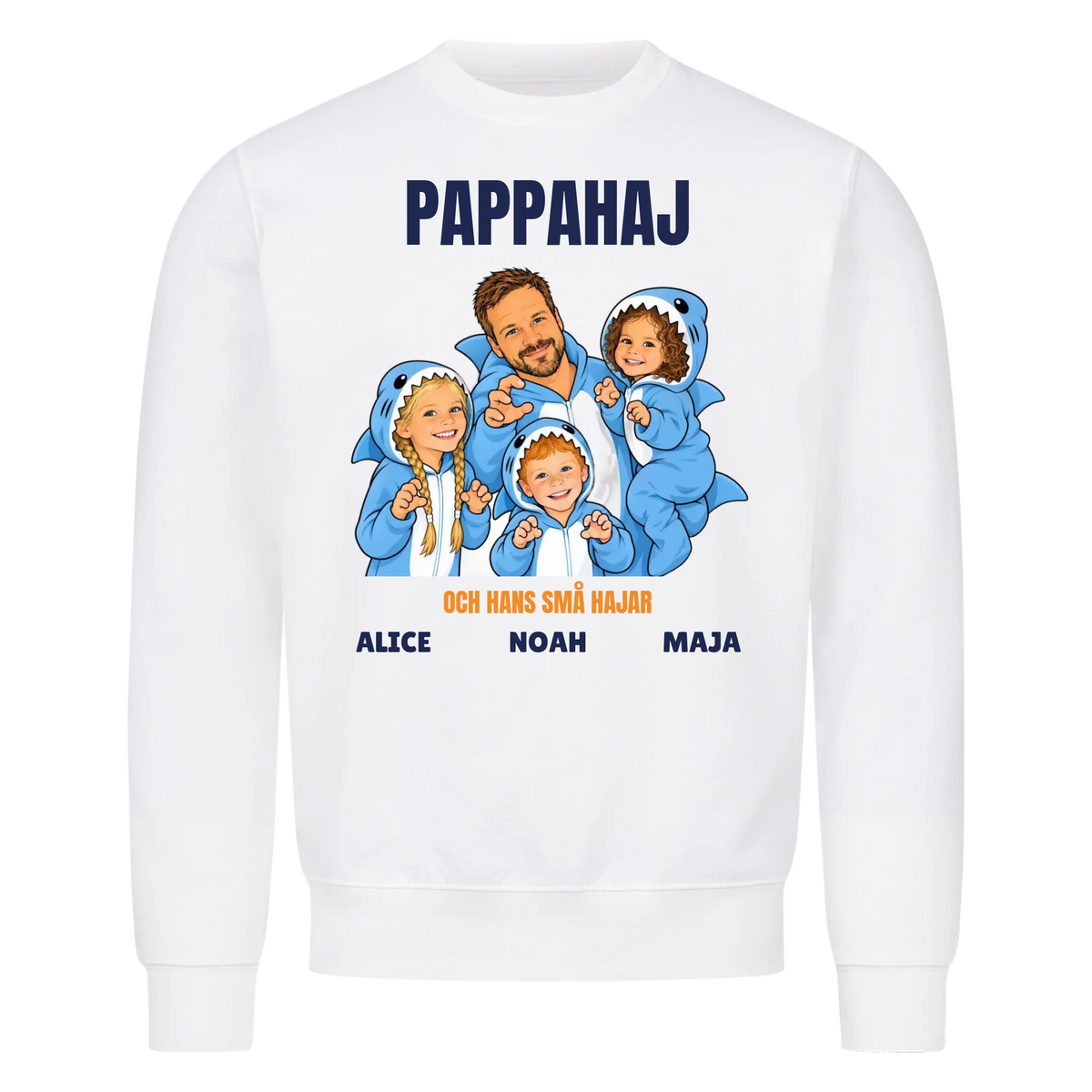 Pappahaj t-shirt med ditt foto som tecknad hajfamilj och barnens namn. Personlig present till pappa