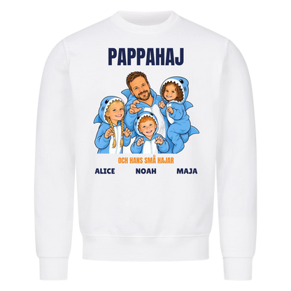 Pappahaj t-shirt med ditt foto som tecknad hajfamilj och barnens namn. Personlig present till pappa
