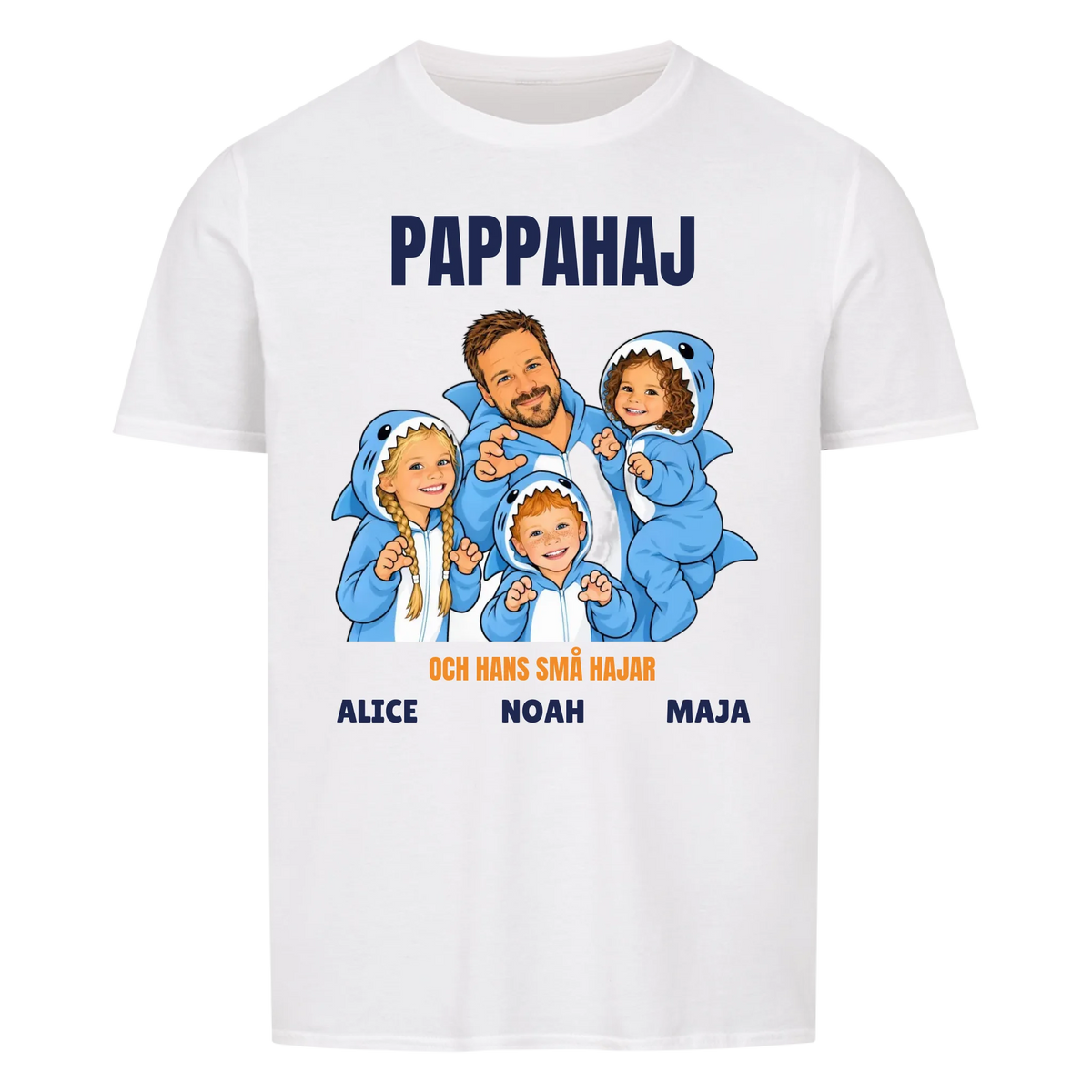 Pappahaj t-shirt med ditt foto som tecknad hajfamilj och barnens namn. Personlig present till pappa