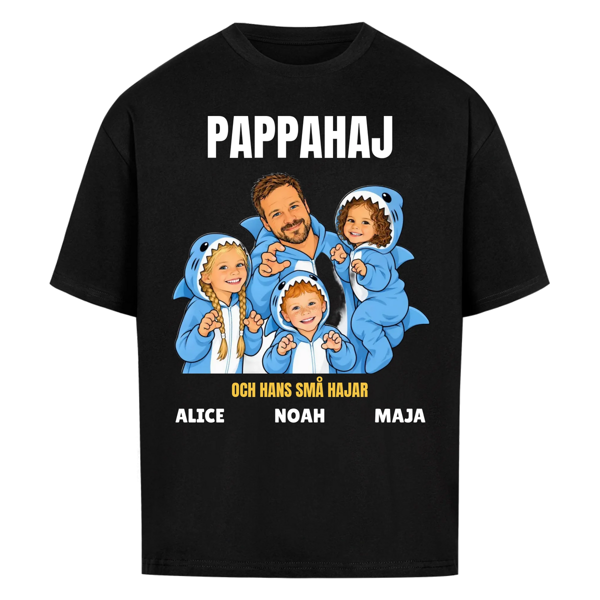 Pappahaj t-shirt med ditt foto som tecknad hajfamilj och barnens namn. Personlig present till pappa