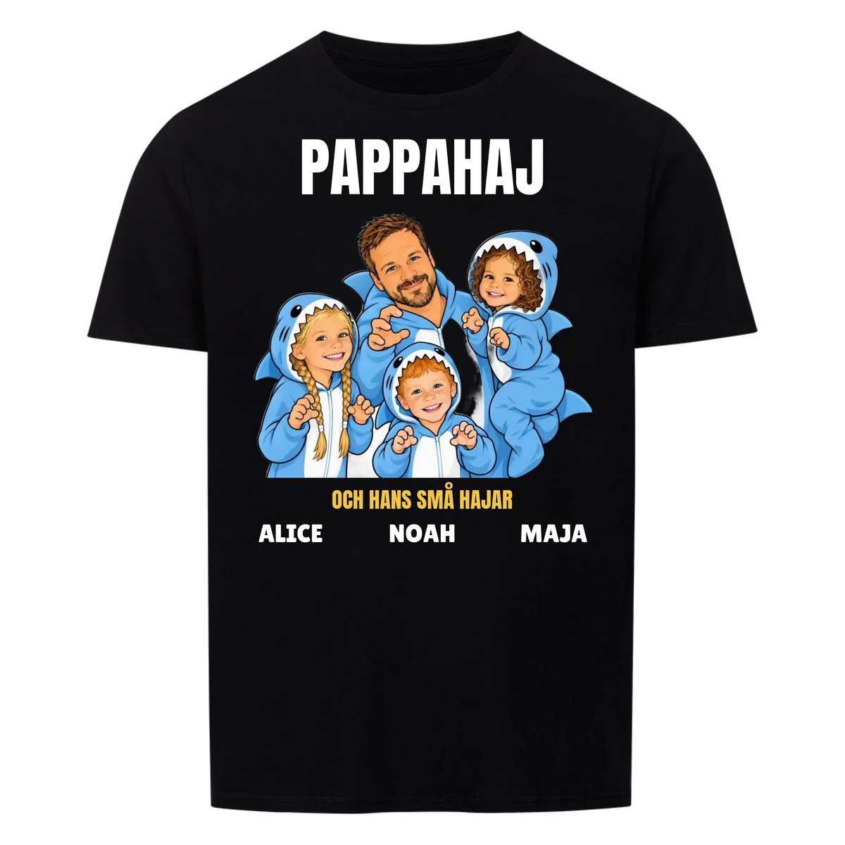 Pappahaj t-shirt med ditt foto som tecknad hajfamilj och barnens namn. Personlig present till pappa