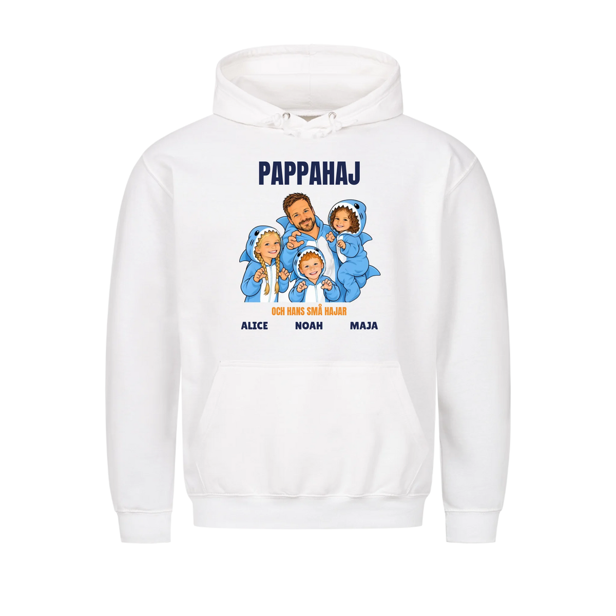 Pappahaj t-shirt med ditt foto som tecknad hajfamilj och barnens namn. Personlig present till pappa