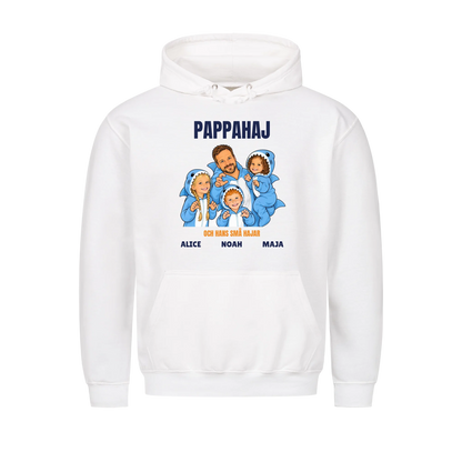 Pappahaj t-shirt med ditt foto som tecknad hajfamilj och barnens namn. Personlig present till pappa