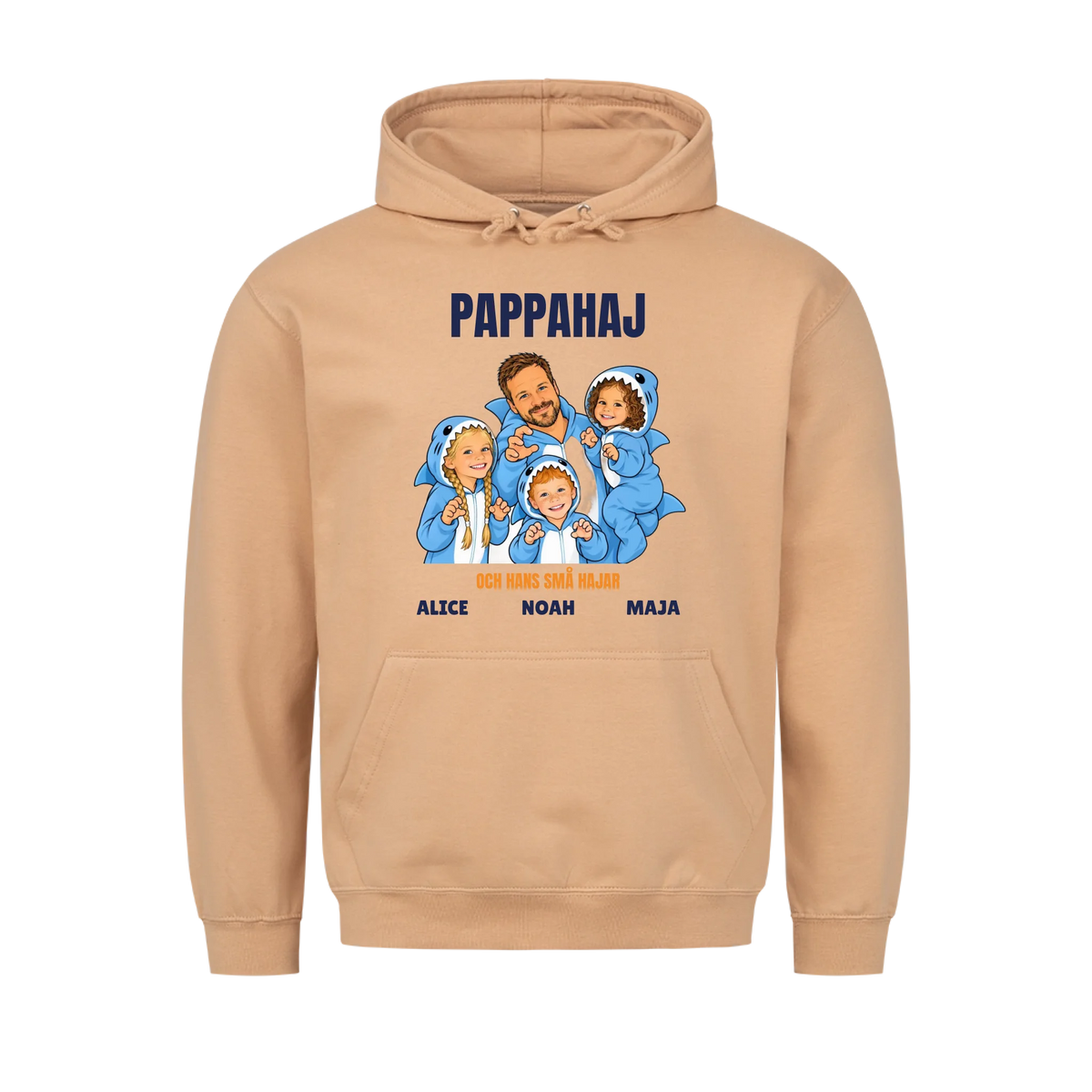 Pappahaj t-shirt med ditt foto som tecknad hajfamilj och barnens namn. Personlig present till pappa