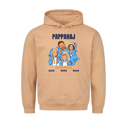 Pappahaj t-shirt med ditt foto som tecknad hajfamilj och barnens namn. Personlig present till pappa