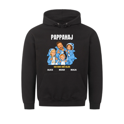 Pappahaj t-shirt med ditt foto som tecknad hajfamilj och barnens namn. Personlig present till pappa