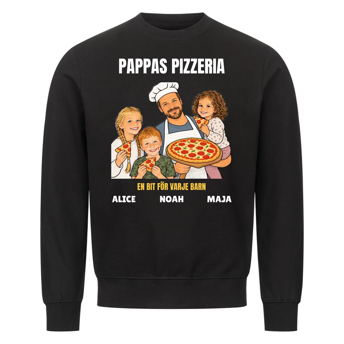 Pappas pizzeria t-shirt med ditt foto som tecknad pizzabagare och barnens namn. Rolig present till pappa