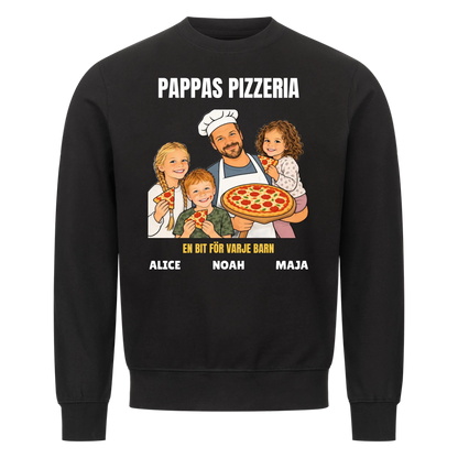 Pappas pizzeria t-shirt med ditt foto som tecknad pizzabagare och barnens namn. Rolig present till pappa