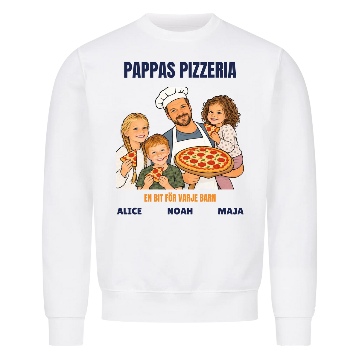 Pappas pizzeria t-shirt med ditt foto som tecknad pizzabagare och barnens namn. Rolig present till pappa