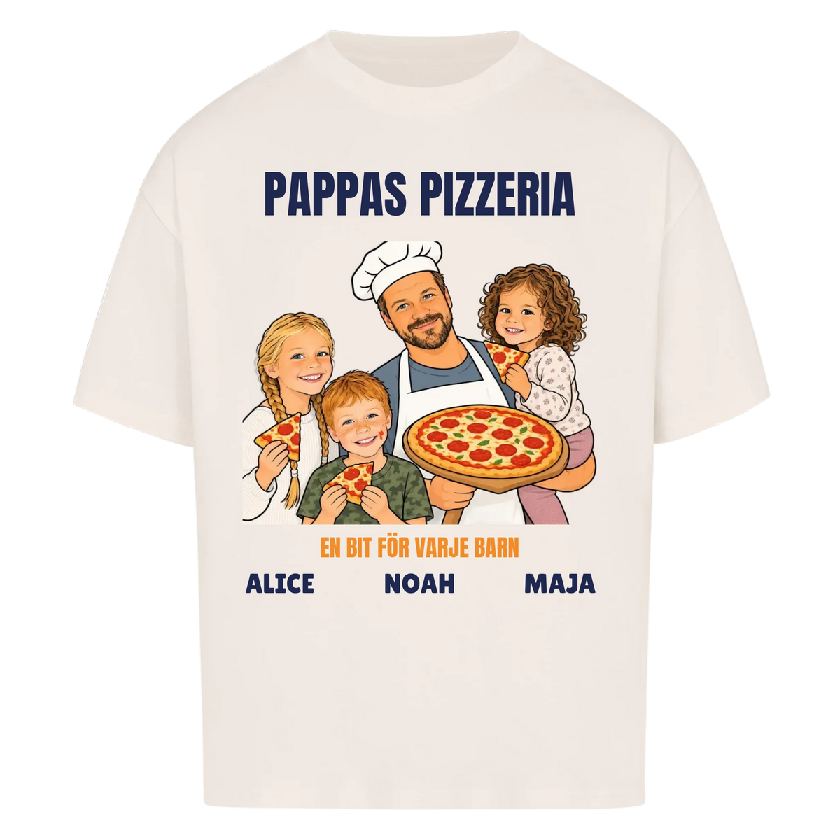 Pappas pizzeria t-shirt med ditt foto som tecknad pizzabagare och barnens namn. Rolig present till pappa