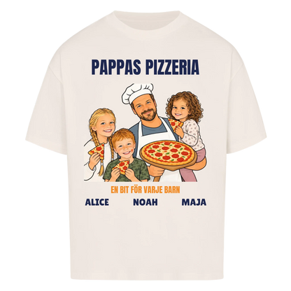 Pappas pizzeria t-shirt med ditt foto som tecknad pizzabagare och barnens namn. Rolig present till pappa