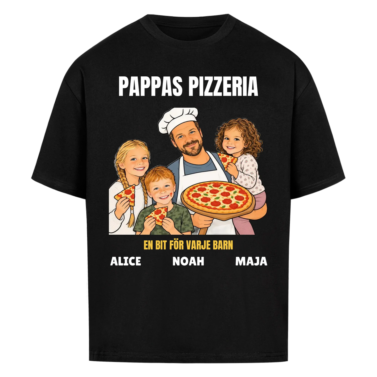 Pappas pizzeria t-shirt med ditt foto som tecknad pizzabagare och barnens namn. Rolig present till pappa