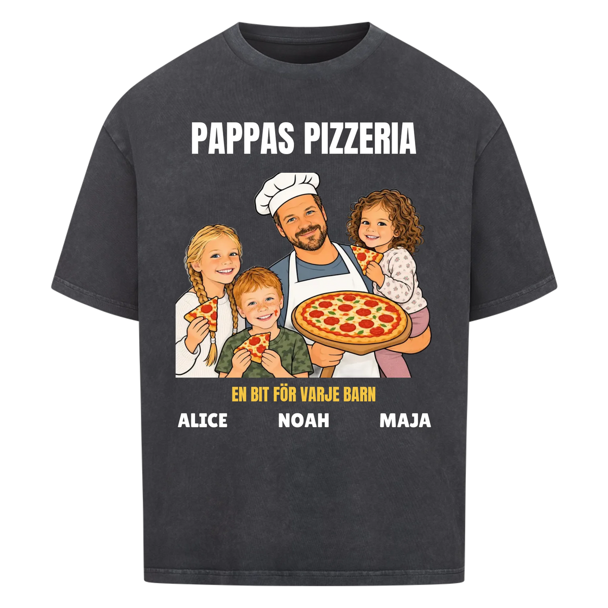 Pappas pizzeria t-shirt med ditt foto som tecknad pizzabagare och barnens namn. Rolig present till pappa