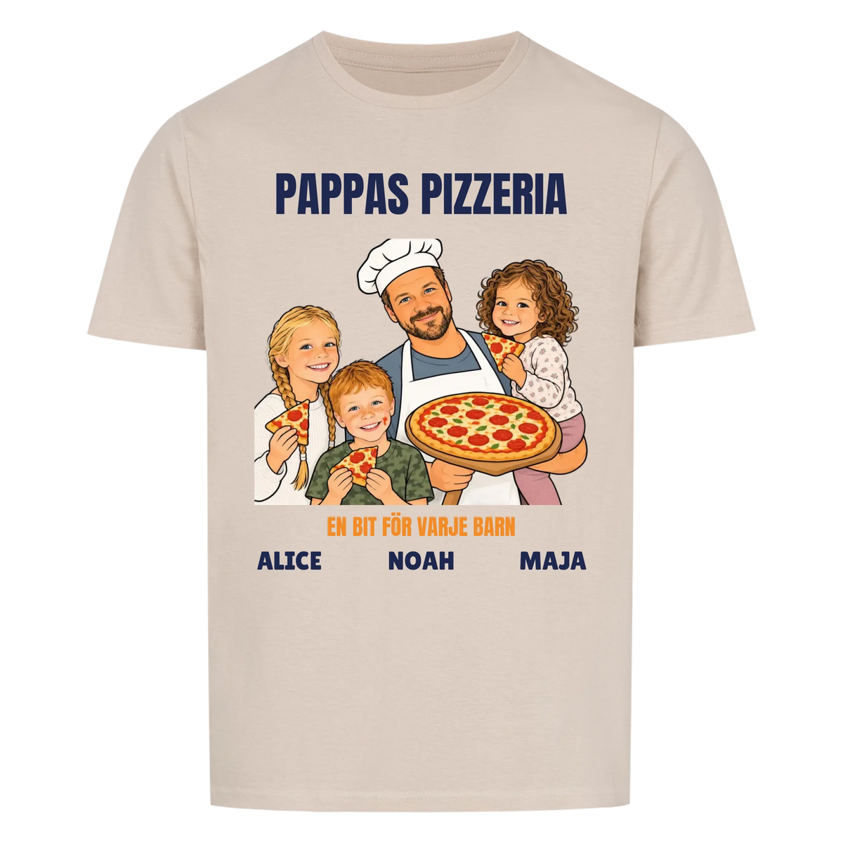Pappas pizzeria t-shirt med ditt foto som tecknad pizzabagare och barnens namn. Rolig present till pappa
