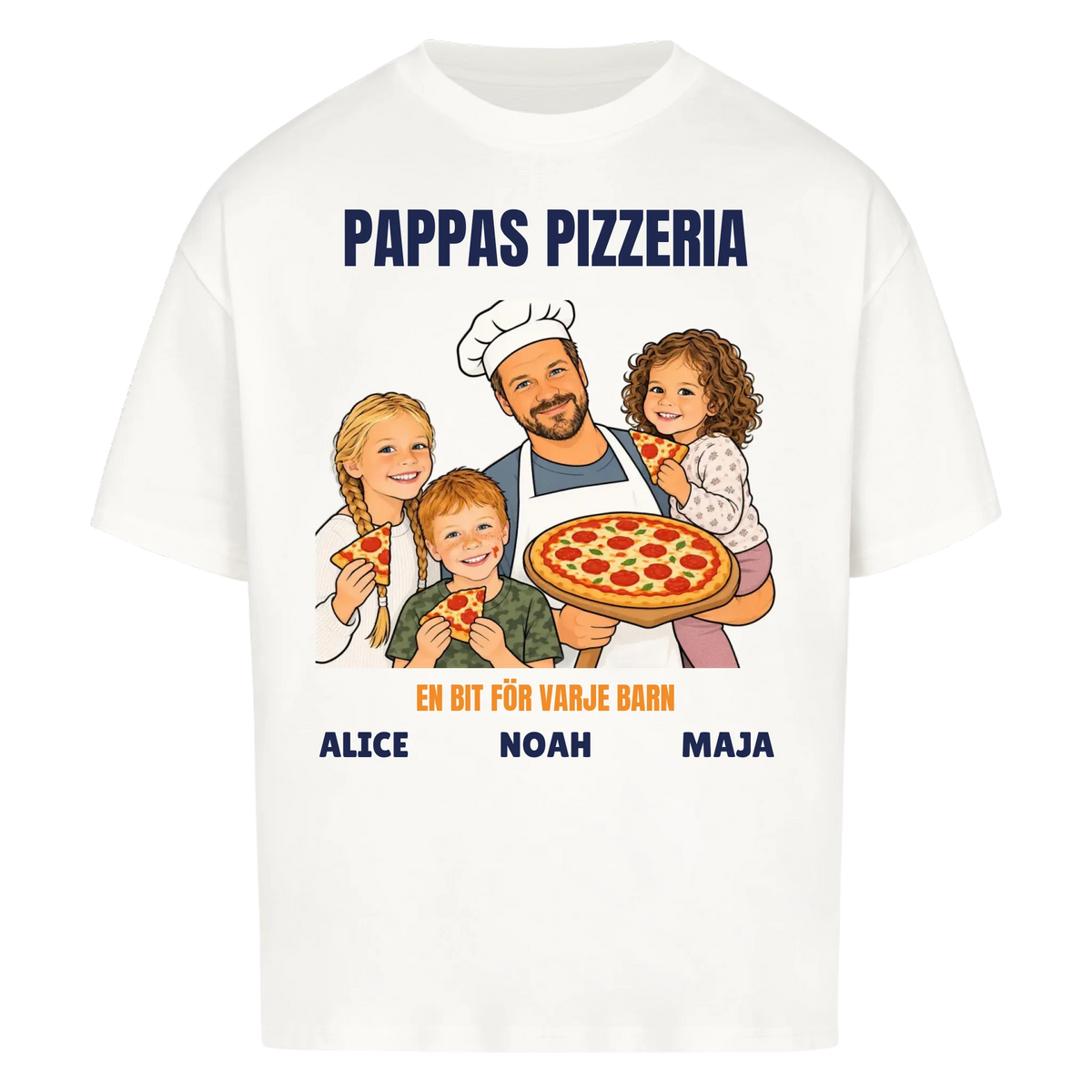 Pappas pizzeria t-shirt med ditt foto som tecknad pizzabagare och barnens namn. Rolig present till pappa