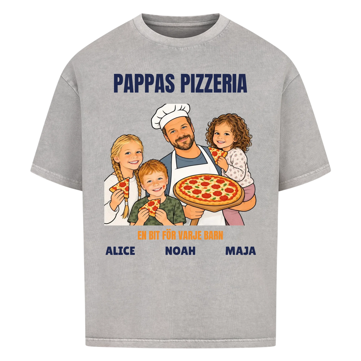 Pappas pizzeria t-shirt med ditt foto som tecknad pizzabagare och barnens namn. Rolig present till pappa