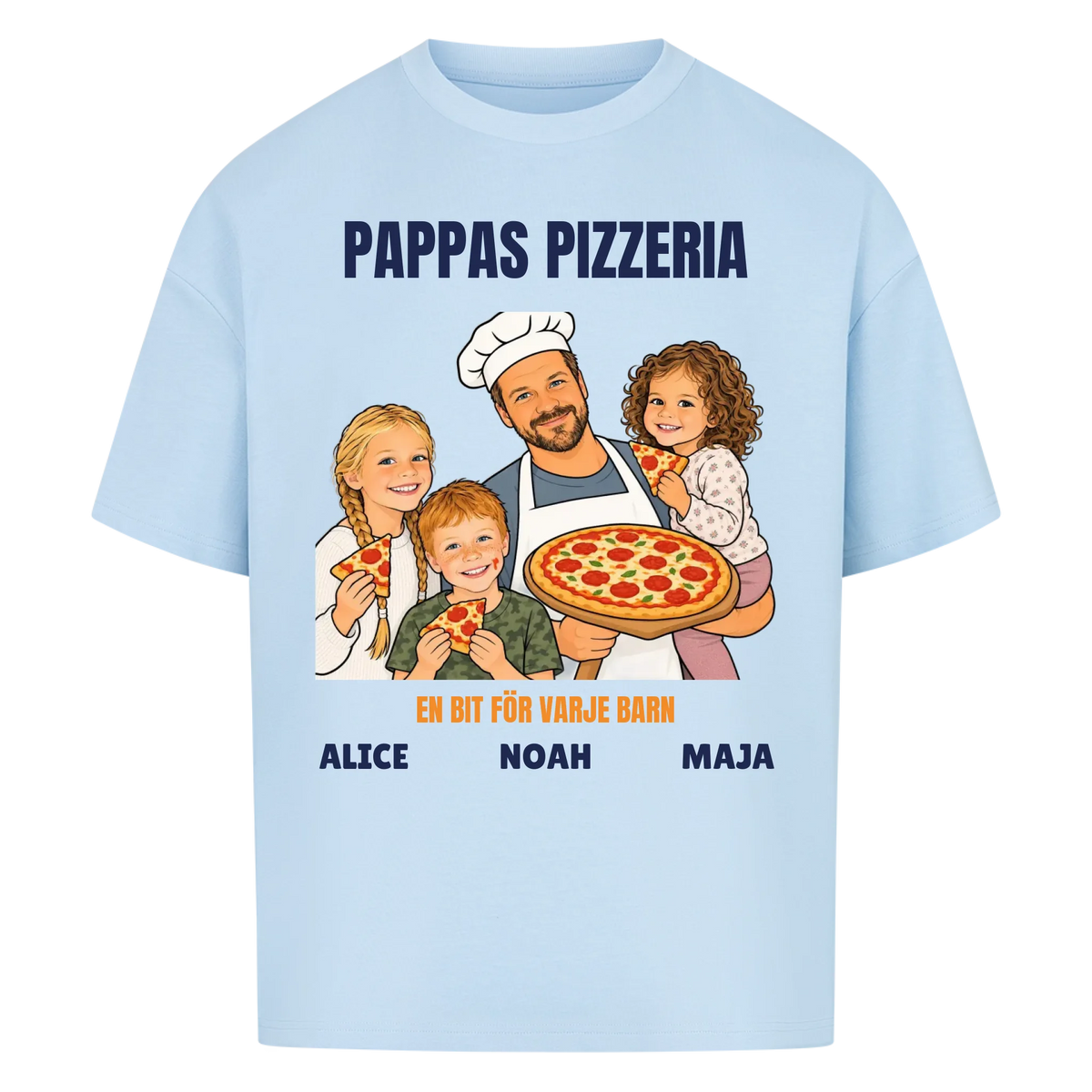 Pappas pizzeria t-shirt med ditt foto som tecknad pizzabagare och barnens namn. Rolig present till pappa