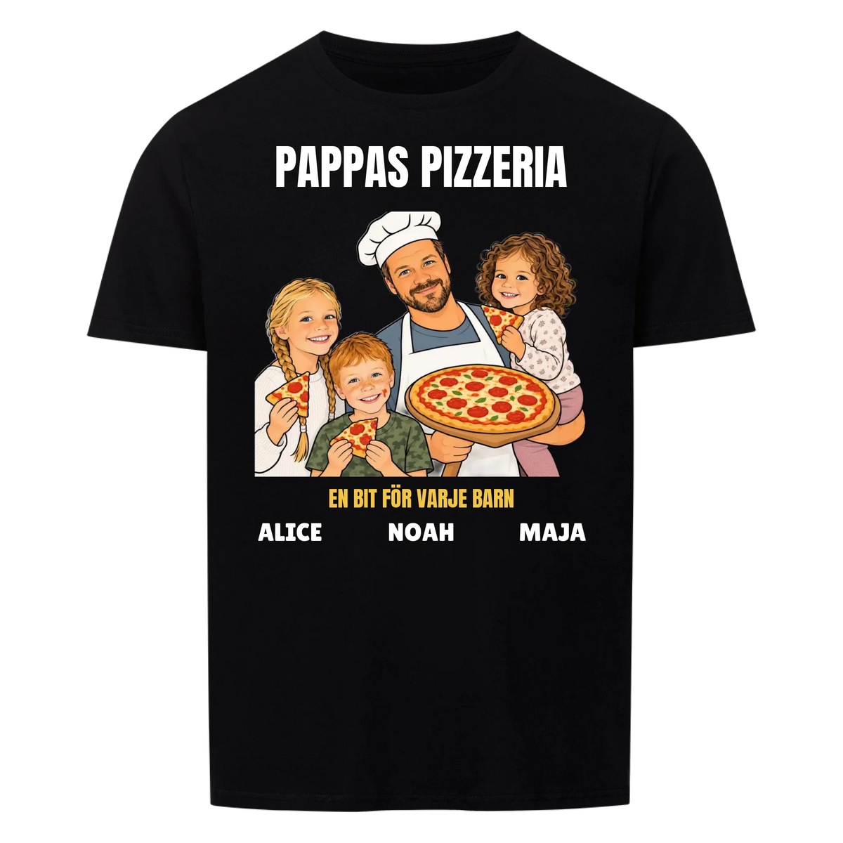 Pappas pizzeria t-shirt med ditt foto som tecknad pizzabagare och barnens namn. Rolig present till pappa