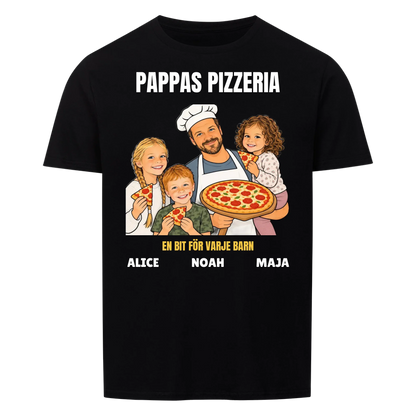 Pappas pizzeria t-shirt med ditt foto som tecknad pizzabagare och barnens namn. Rolig present till pappa