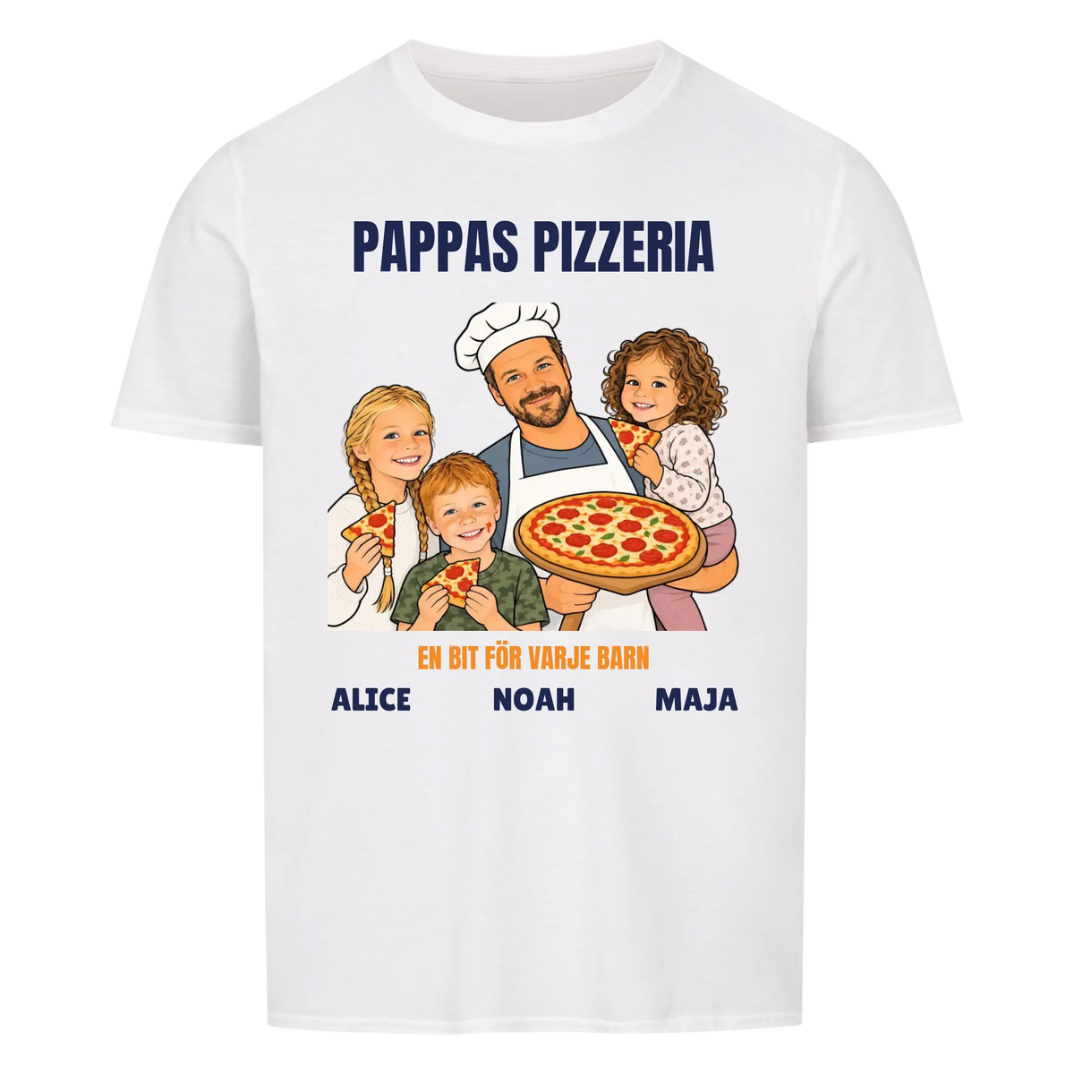 Pappas pizzeria t-shirt med ditt foto som tecknad pizzabagare och barnens namn. Rolig present till pappa