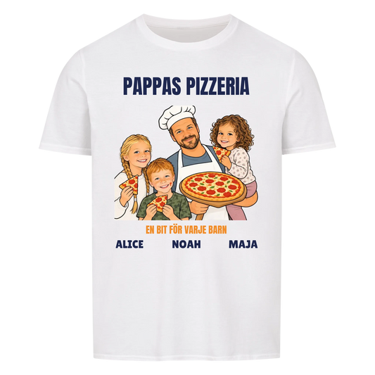Pappas pizzeria t-shirt med ditt foto som tecknad pizzabagare och barnens namn. Rolig present till pappa