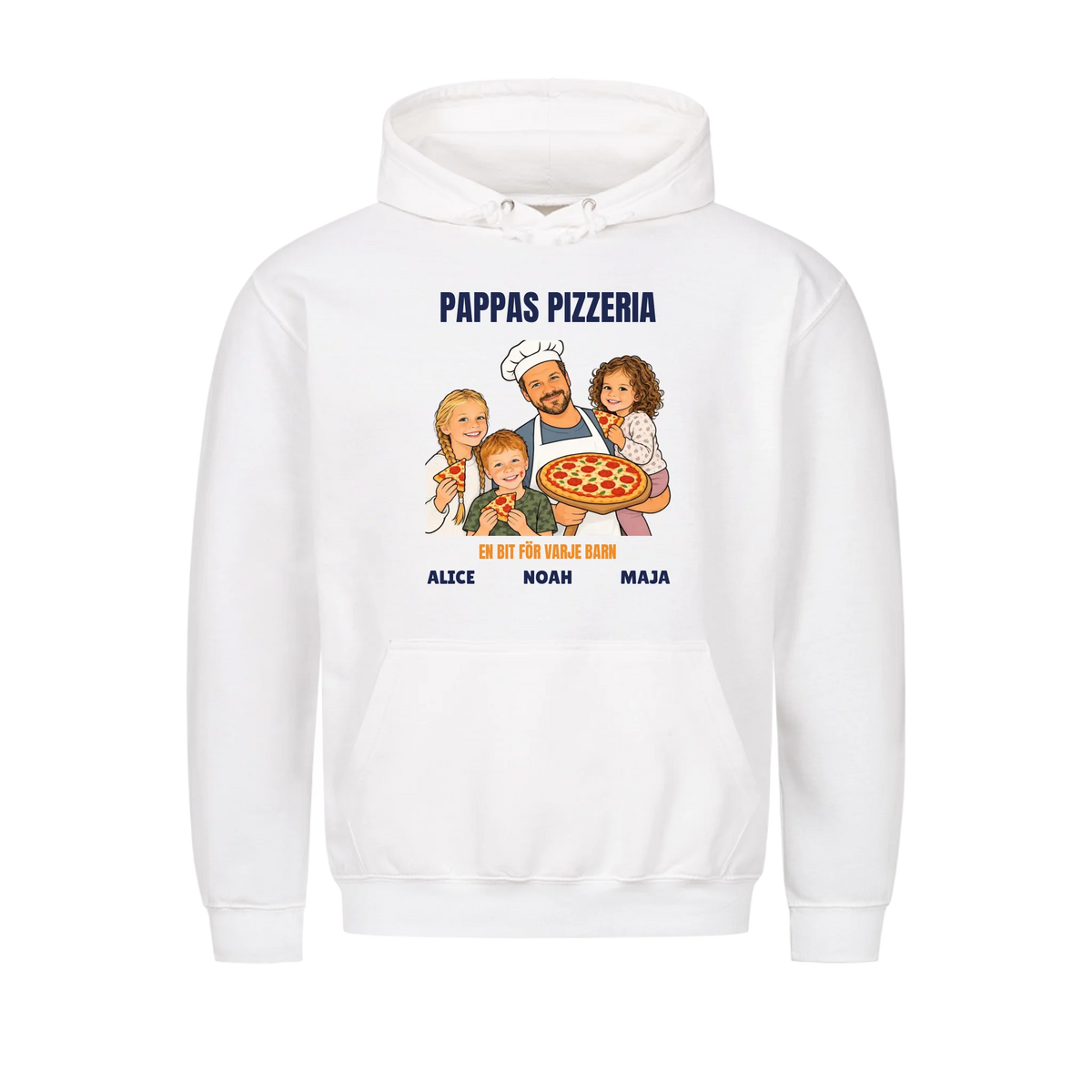 Pappas pizzeria t-shirt med ditt foto som tecknad pizzabagare och barnens namn. Rolig present till pappa