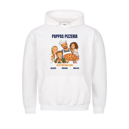 Pappas pizzeria t-shirt med ditt foto som tecknad pizzabagare och barnens namn. Rolig present till pappa