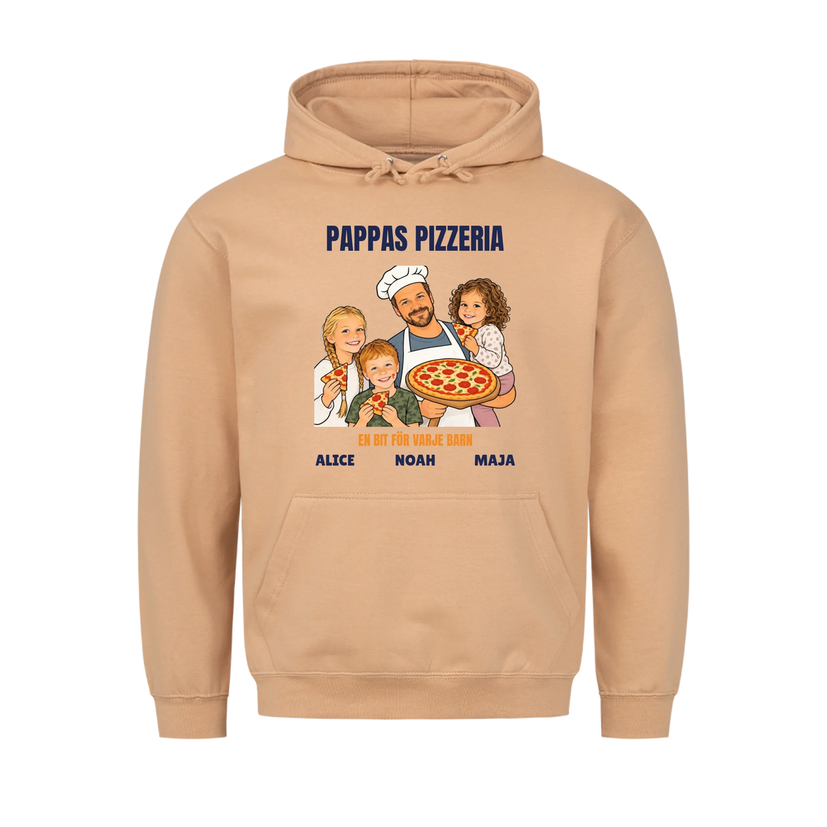 Pappas pizzeria t-shirt med ditt foto som tecknad pizzabagare och barnens namn. Rolig present till pappa