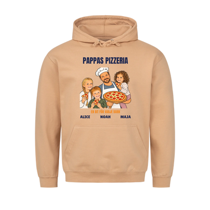 Pappas pizzeria t-shirt med ditt foto som tecknad pizzabagare och barnens namn. Rolig present till pappa