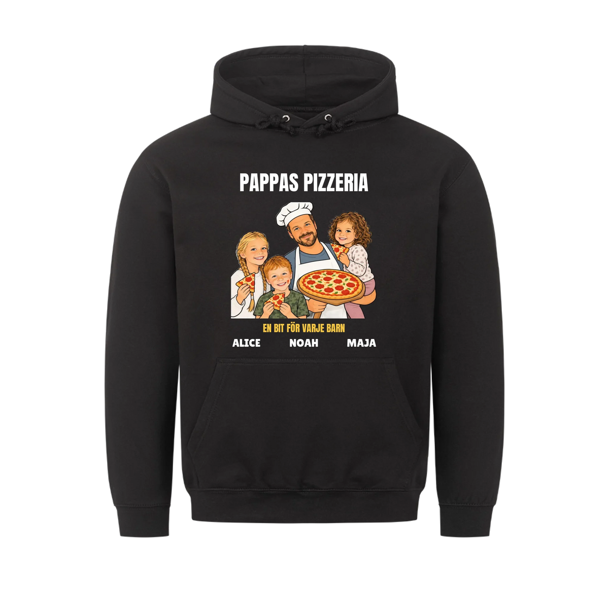 Pappas pizzeria t-shirt med ditt foto som tecknad pizzabagare och barnens namn. Rolig present till pappa