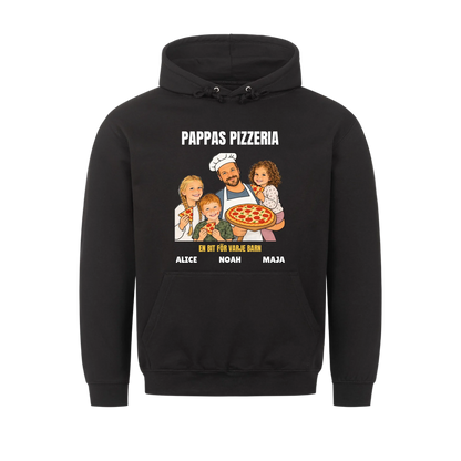 Pappas pizzeria t-shirt med ditt foto som tecknad pizzabagare och barnens namn. Rolig present till pappa