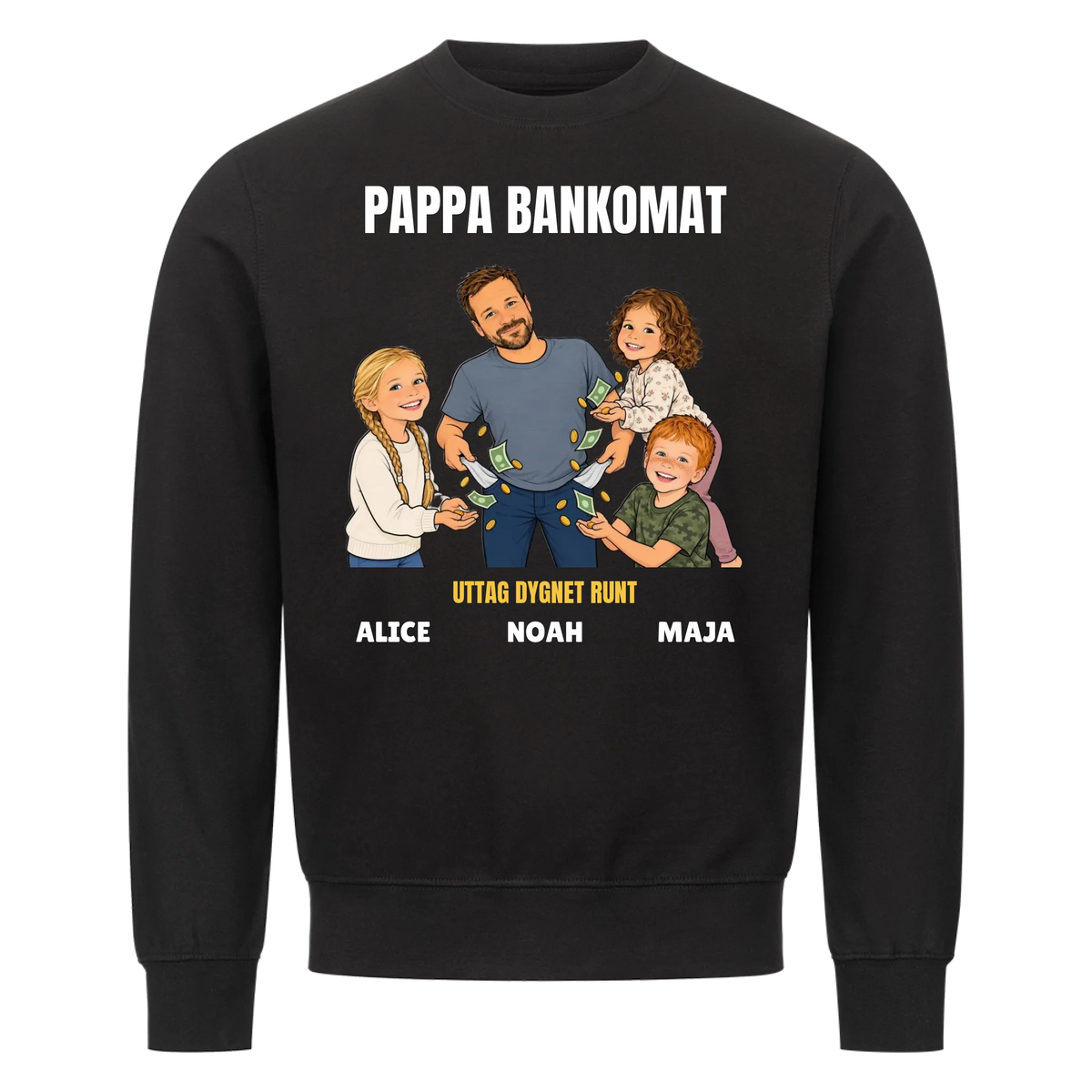 Pappa bankomat t-shirt med ditt foto som tecknad pappa och barnens namn. Rolig present till pappa