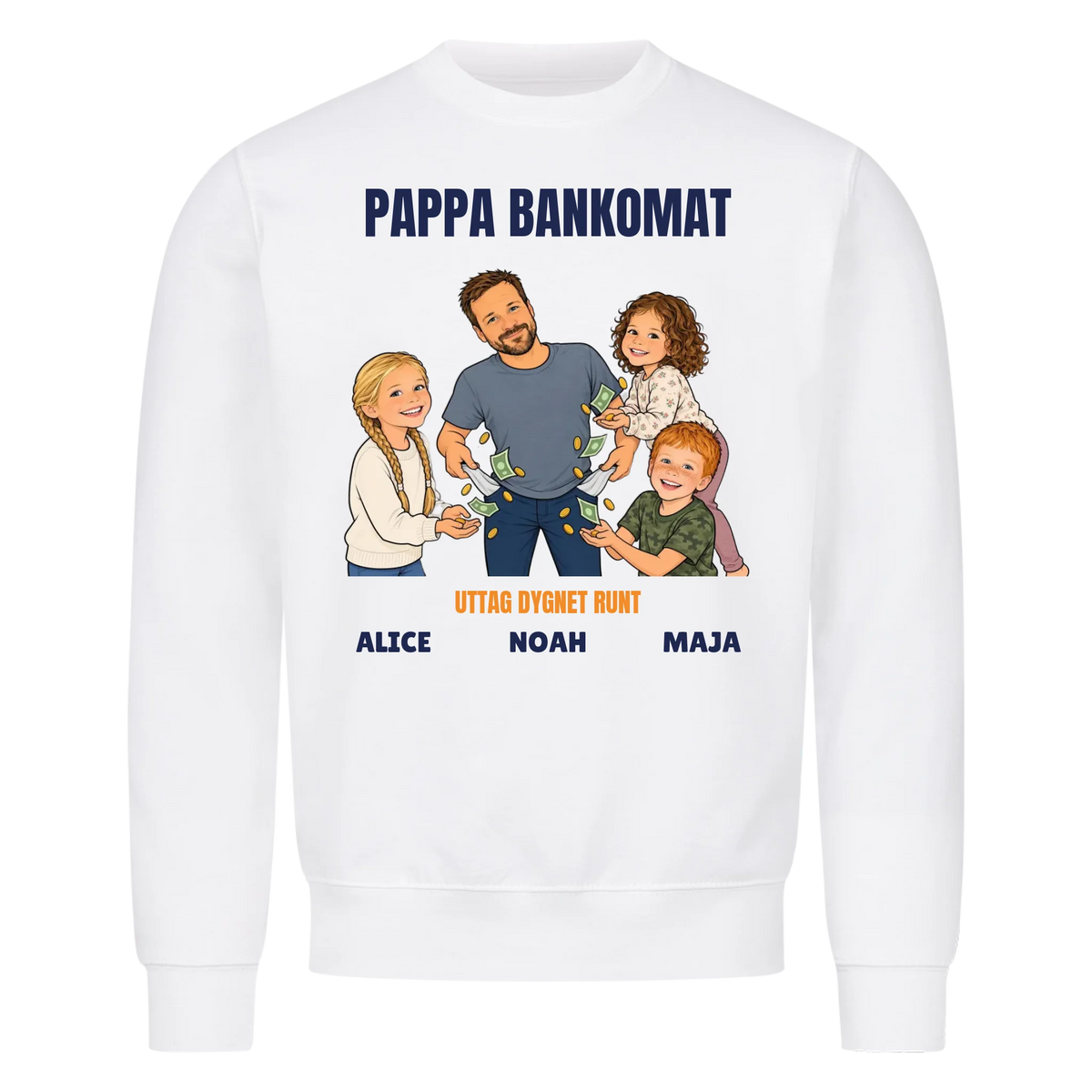 Pappa bankomat t-shirt med ditt foto som tecknad pappa och barnens namn. Rolig present till pappa