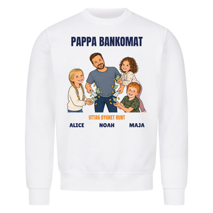 Pappa bankomat t-shirt med ditt foto som tecknad pappa och barnens namn. Rolig present till pappa