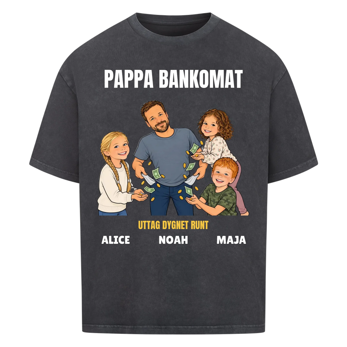 Pappa bankomat t-shirt med ditt foto som tecknad pappa och barnens namn. Rolig present till pappa