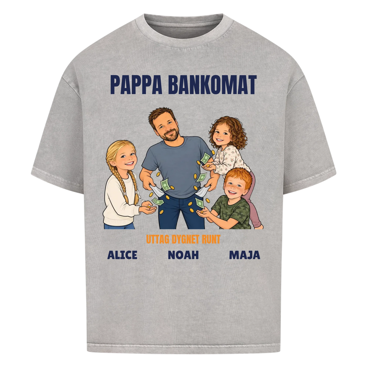 Pappa bankomat t-shirt med ditt foto som tecknad pappa och barnens namn. Rolig present till pappa