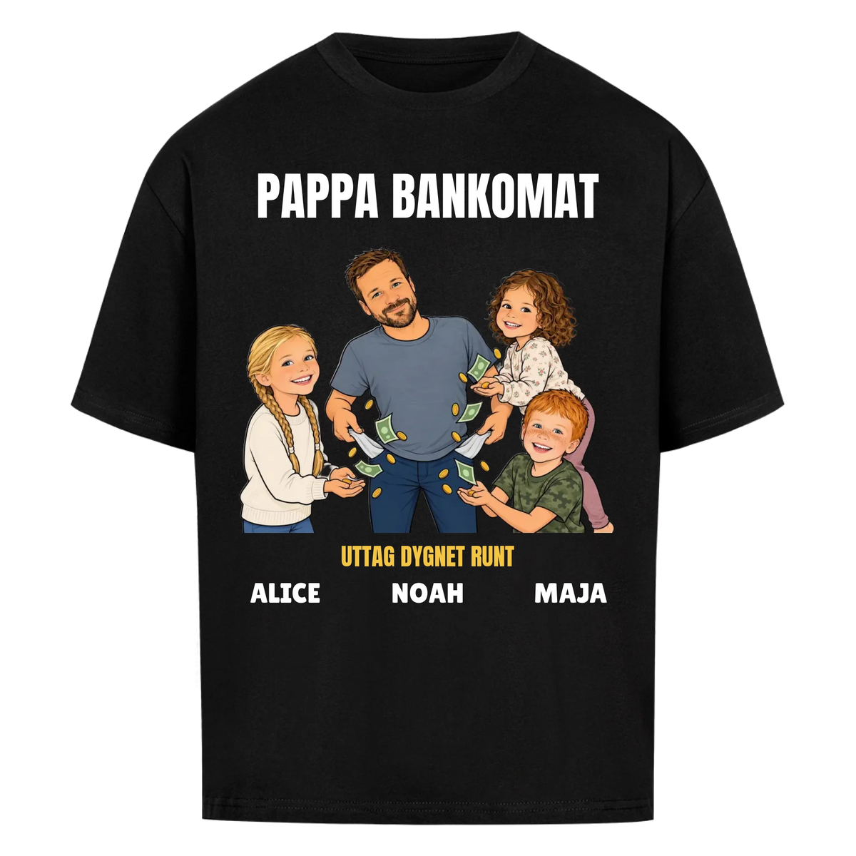 Pappa bankomat t-shirt med ditt foto som tecknad pappa och barnens namn. Rolig present till pappa