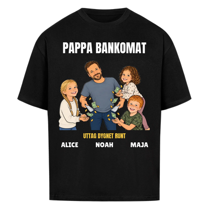 Pappa bankomat t-shirt med ditt foto som tecknad pappa och barnens namn. Rolig present till pappa