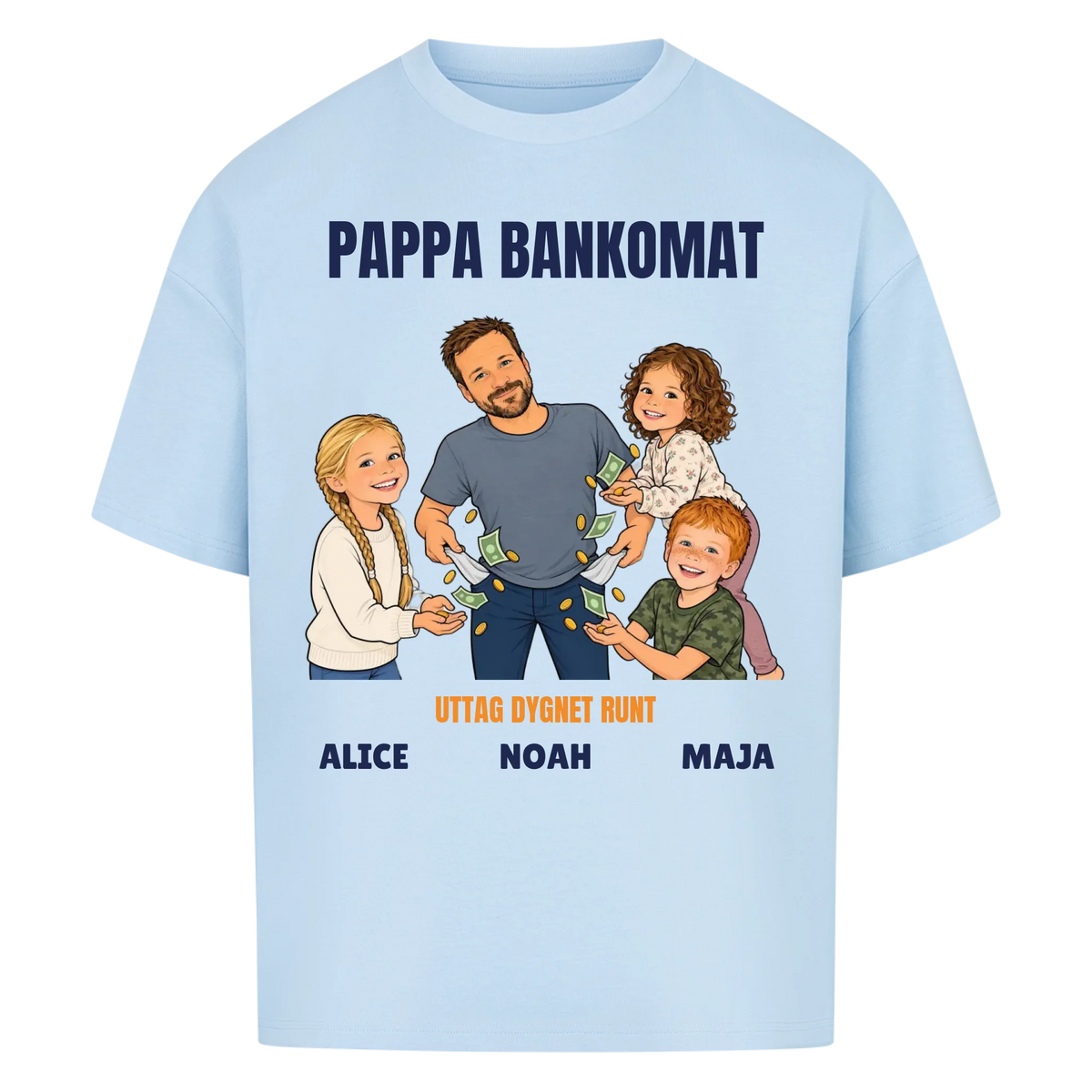 Pappa bankomat t-shirt med ditt foto som tecknad pappa och barnens namn. Rolig present till pappa