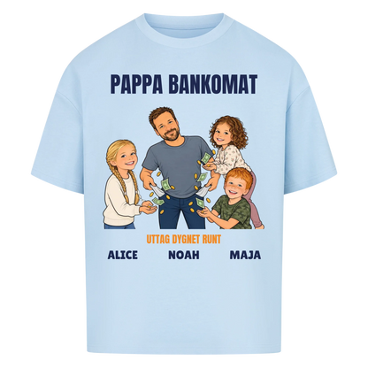 Pappa bankomat t-shirt med ditt foto som tecknad pappa och barnens namn. Rolig present till pappa