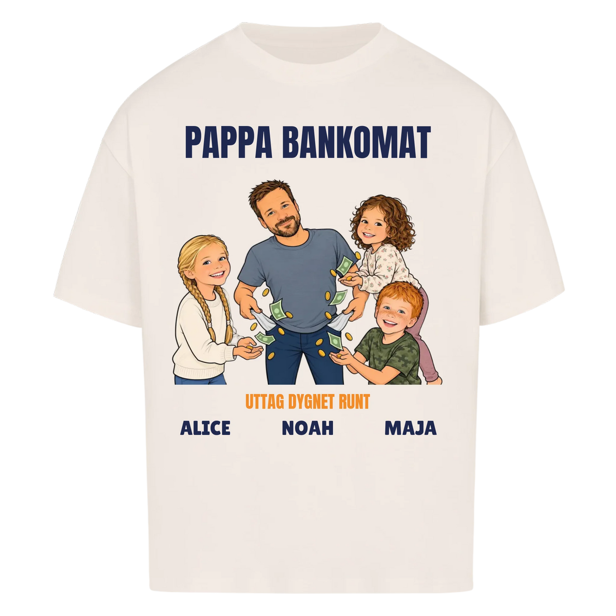 Pappa bankomat t-shirt med ditt foto som tecknad pappa och barnens namn. Rolig present till pappa