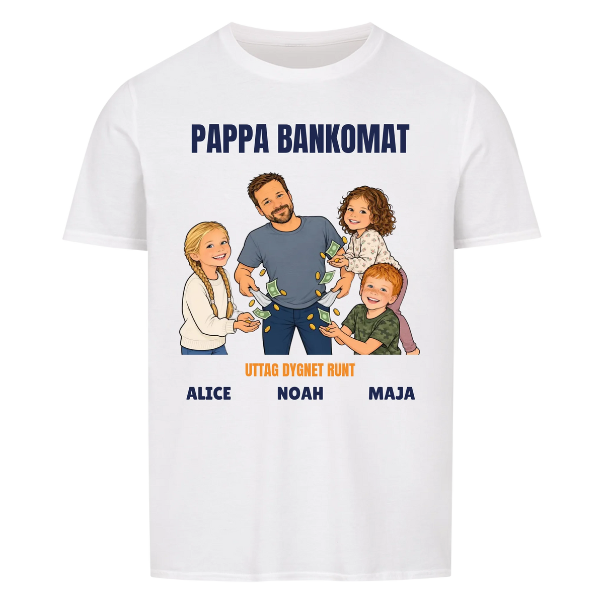 Pappa bankomat t-shirt med ditt foto som tecknad pappa och barnens namn. Rolig present till pappa
