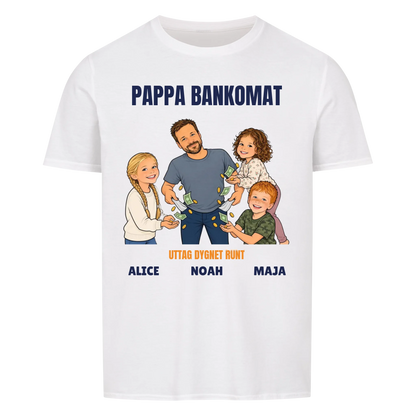Pappa bankomat t-shirt med ditt foto som tecknad pappa och barnens namn. Rolig present till pappa