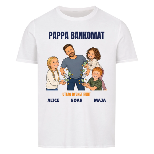 Pappa bankomat t-shirt med ditt foto som tecknad pappa och barnens namn. Rolig present till pappa