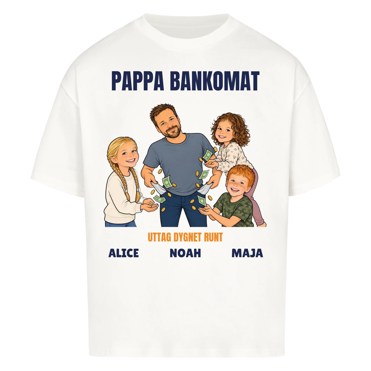 Pappa bankomat t-shirt med ditt foto som tecknad pappa och barnens namn. Rolig present till pappa