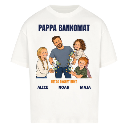 Pappa bankomat t-shirt med ditt foto som tecknad pappa och barnens namn. Rolig present till pappa