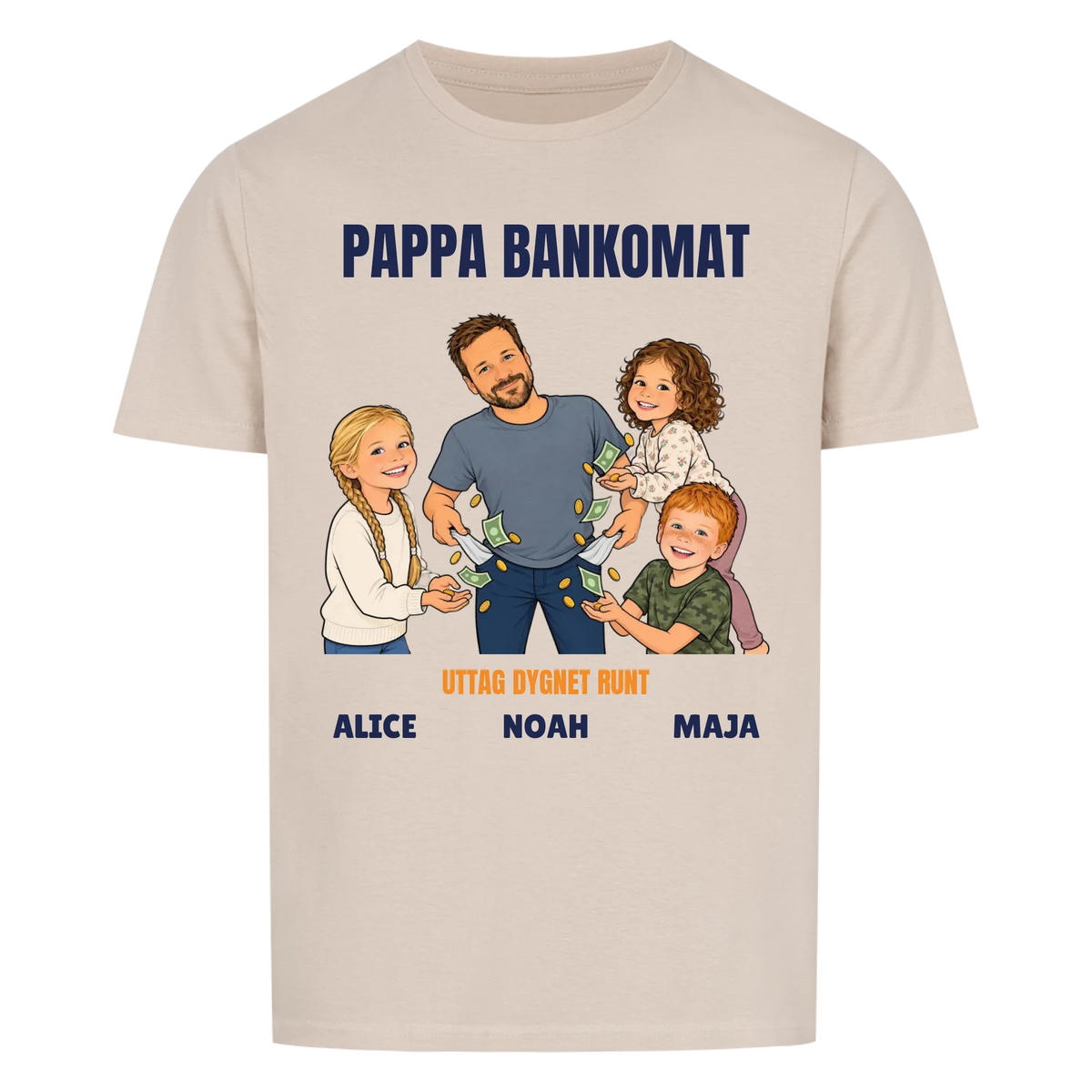 Pappa bankomat t-shirt med ditt foto som tecknad pappa och barnens namn. Rolig present till pappa